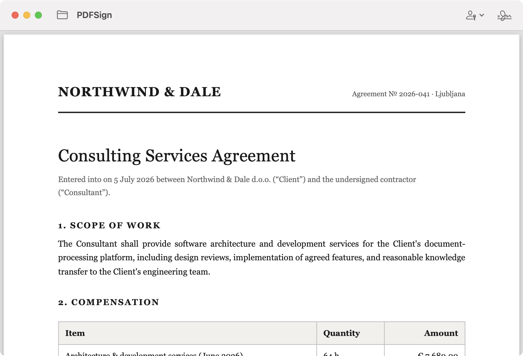 PDFSign showing a consulting agreement PDF with Open, certificate, and Sign controls in the toolbar