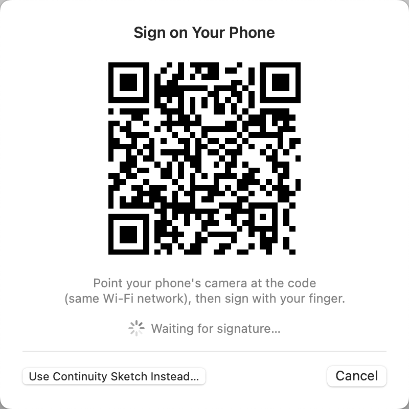 Sign on Your Phone dialog showing a QR code and 'waiting for signature'