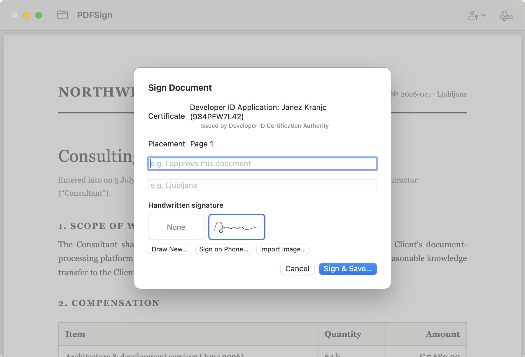 The Sign Document dialog with certificate, placement, and a handwritten signature picker