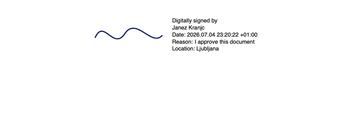 The resulting signature stamp in the PDF: handwritten scribble next to the signer's name, date, reason, and location